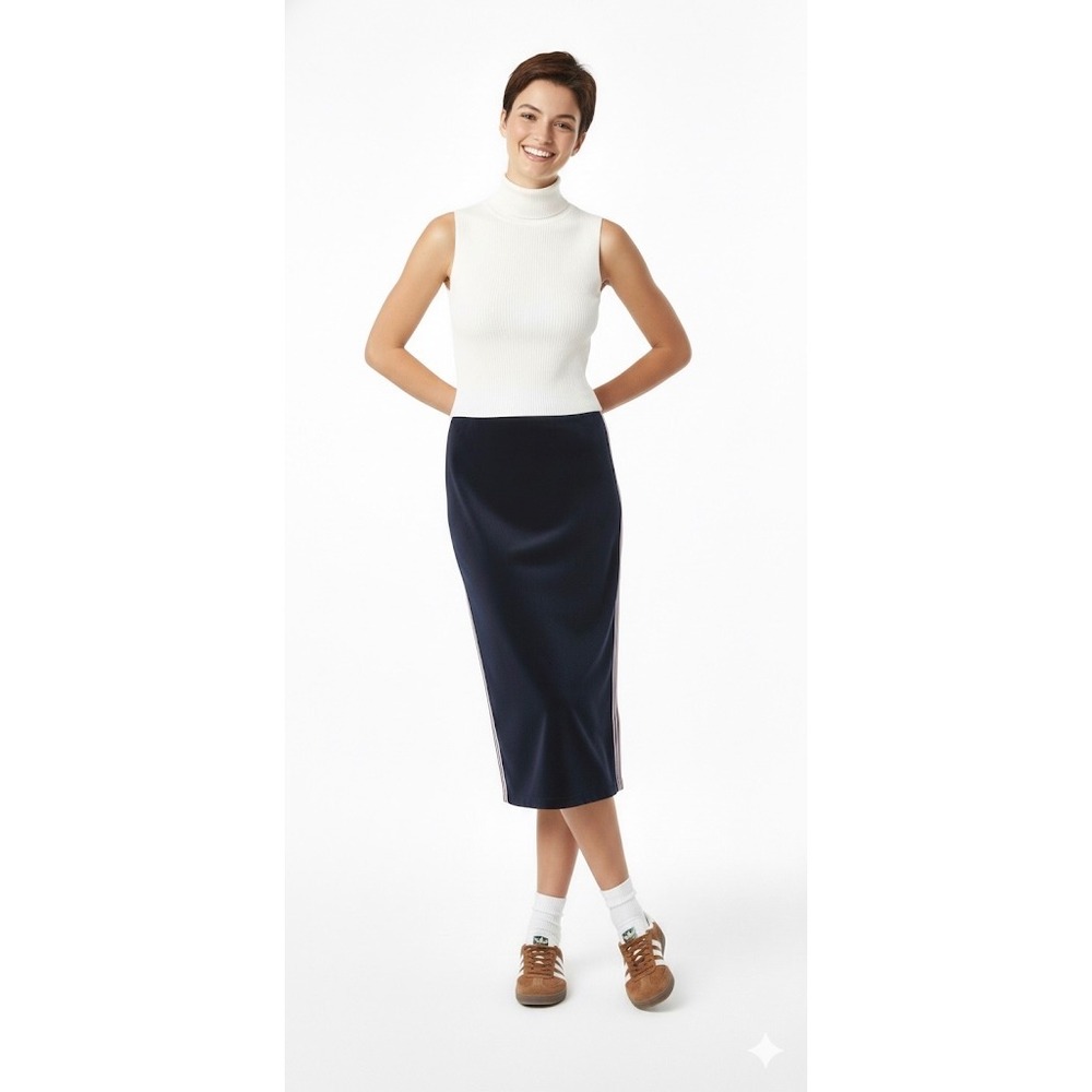 NWT Elie Tahari Velvet Midi Skirt Navy L‎ Side Stripe Office Siren Sporty Chic - Picture 3 of 16